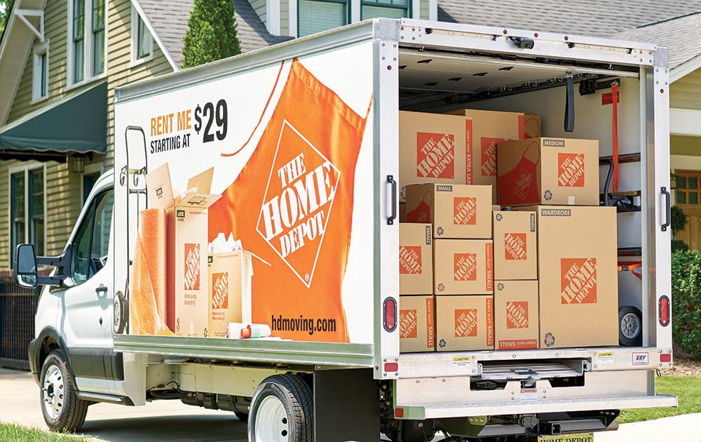 A Home Depot truck with load of boxes