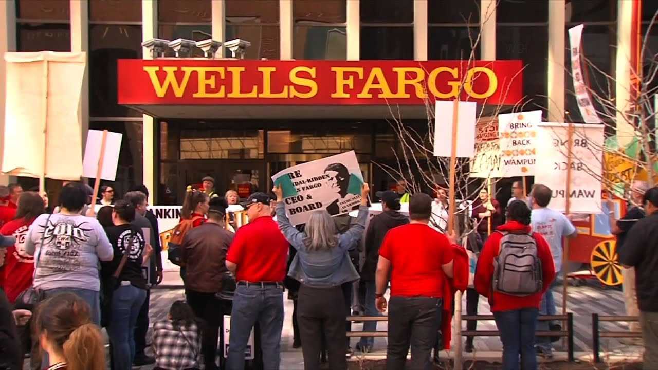 Protestors in front of Wells Fargo