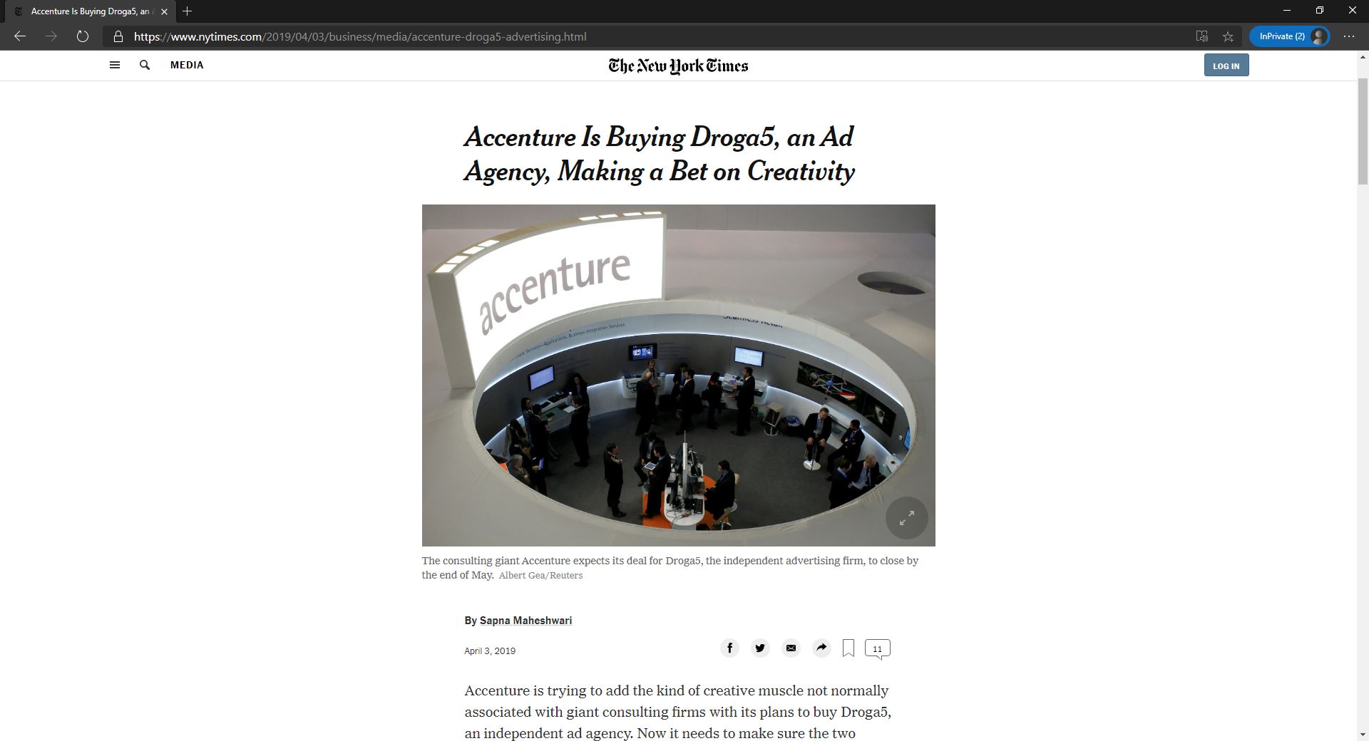 NYT post about accenture acquire Droga5