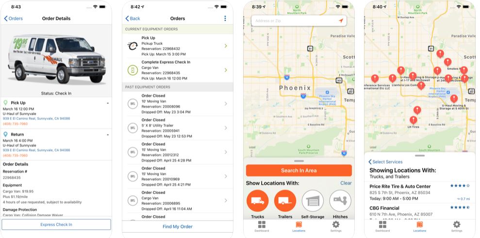 U-Haul apps and booking system on mobile app