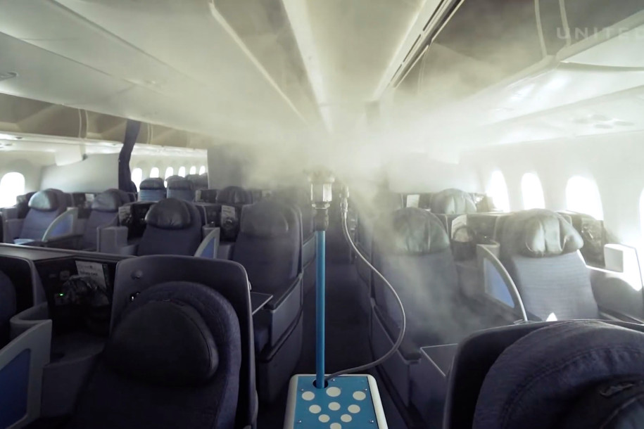a robot sanitizes aircraft from United airlines