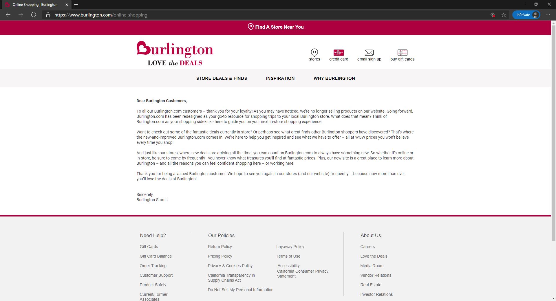Burlington announcement of no ecommerce site