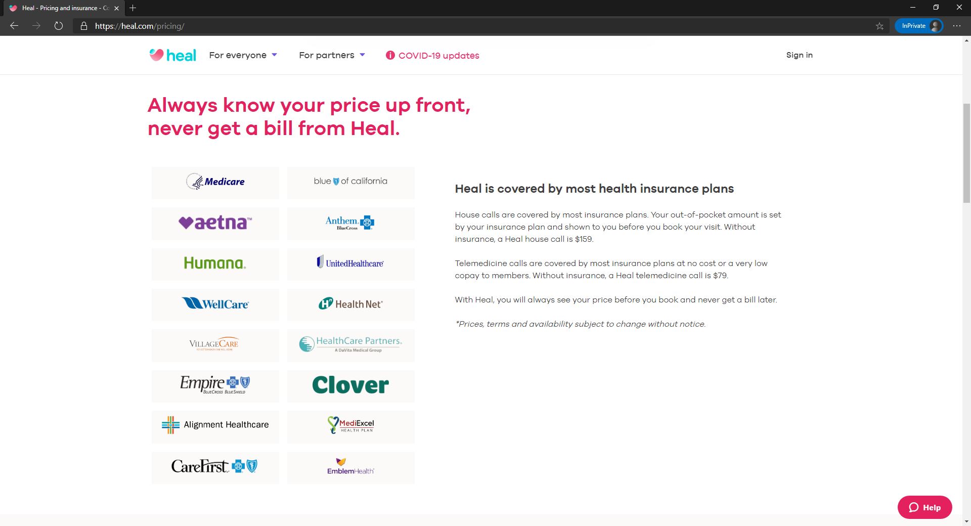 A list of health insurance partner with Heal