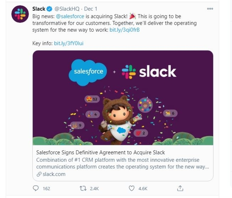 Slack announces acquisition by Salesforce