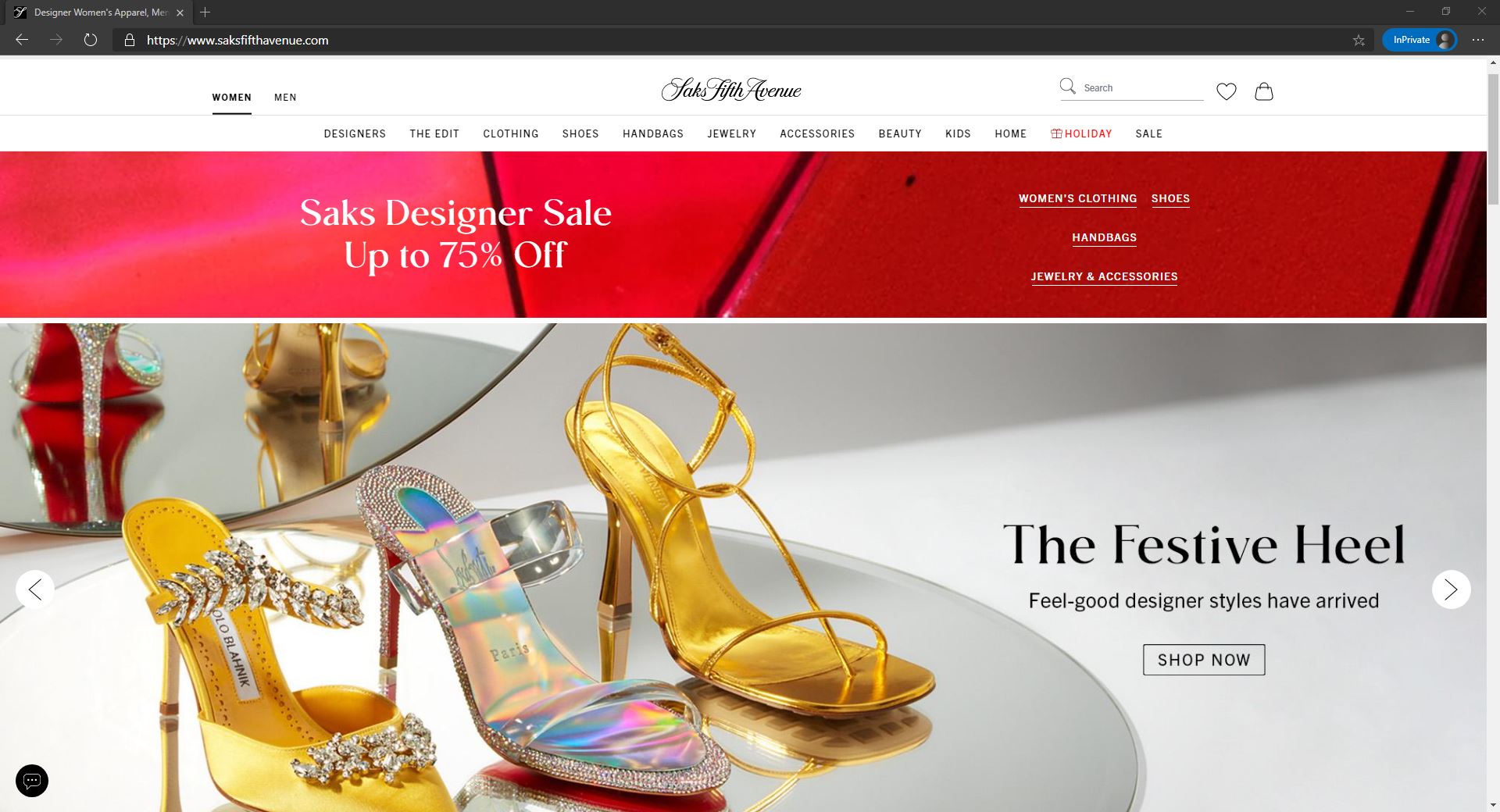 Saks Fifth Avenue website homepage