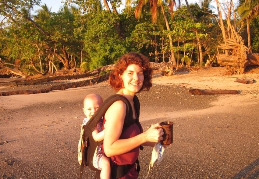 Natalie Gordon with her baby in a hiking