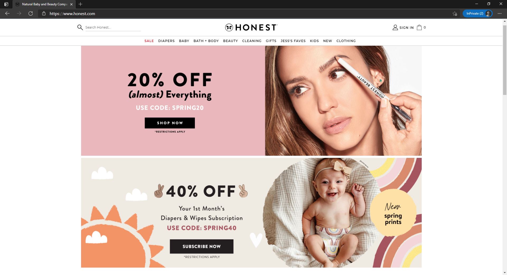 The Honest Company website homepage