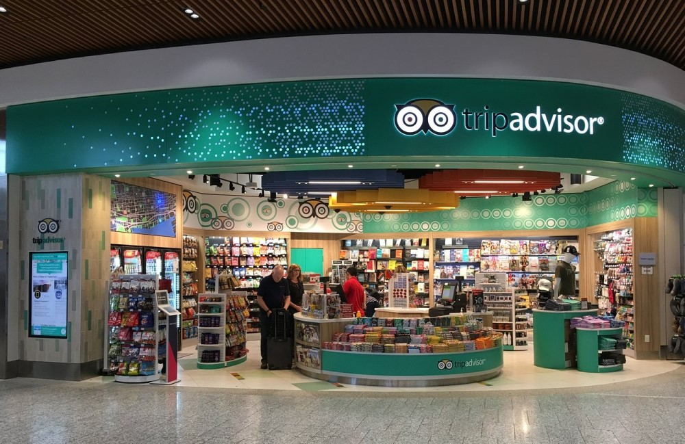 TripAdvisor showcase at a storefront in a airport