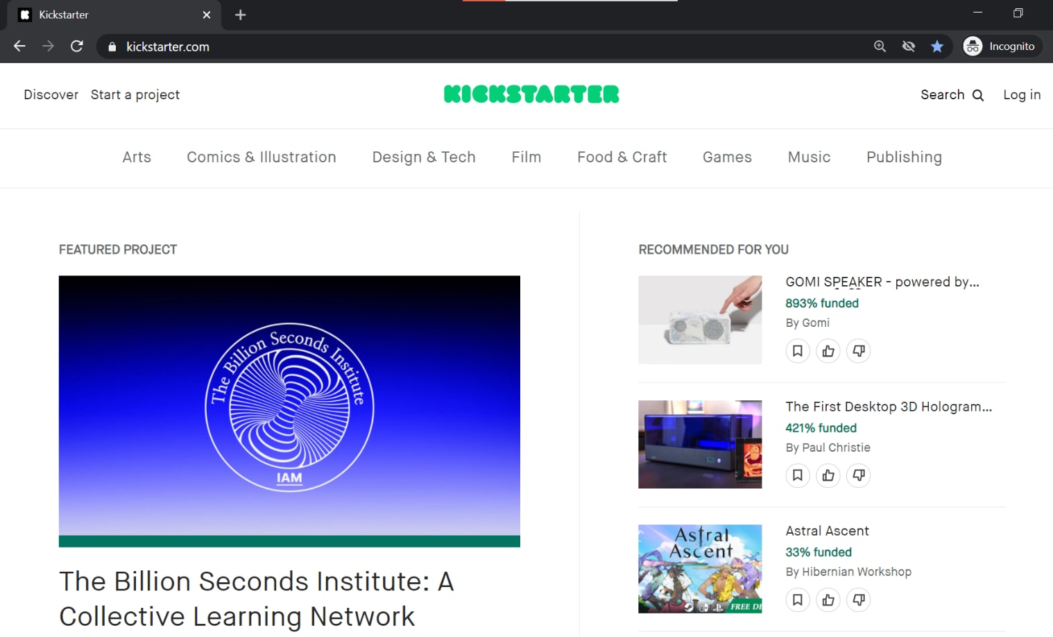 KickStarter website homepage