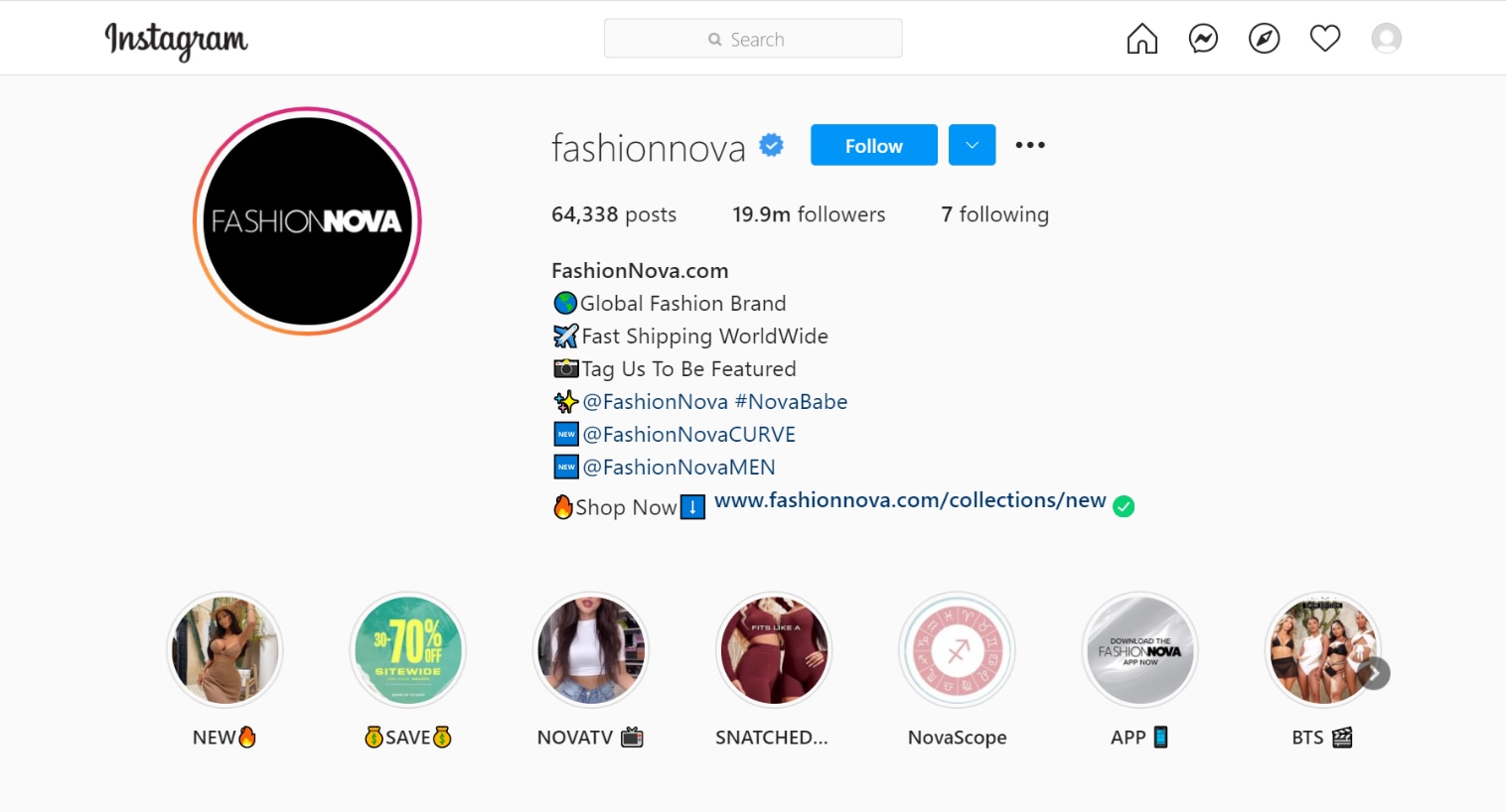 Fashion Nova instagram page